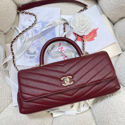 CC Maxi Flap Bag with Top Handle 31.5cm Burgundy Goatskin