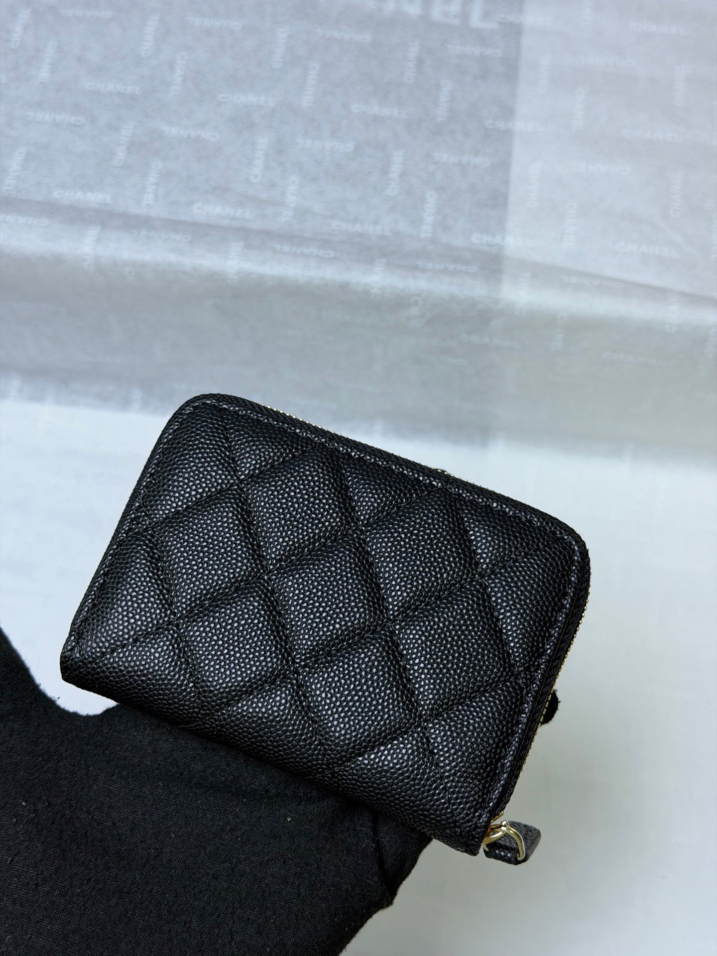 CC 26P Zipper Card Holder Black Quited Caviar Leather