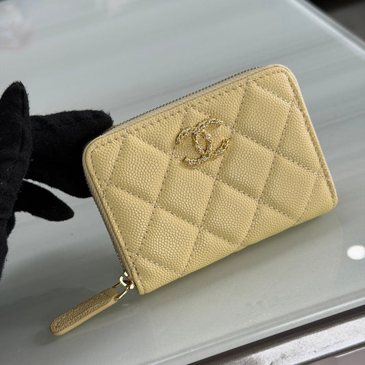 CC 26P Zipper Card Holder Yellow Quited Caviar Leather