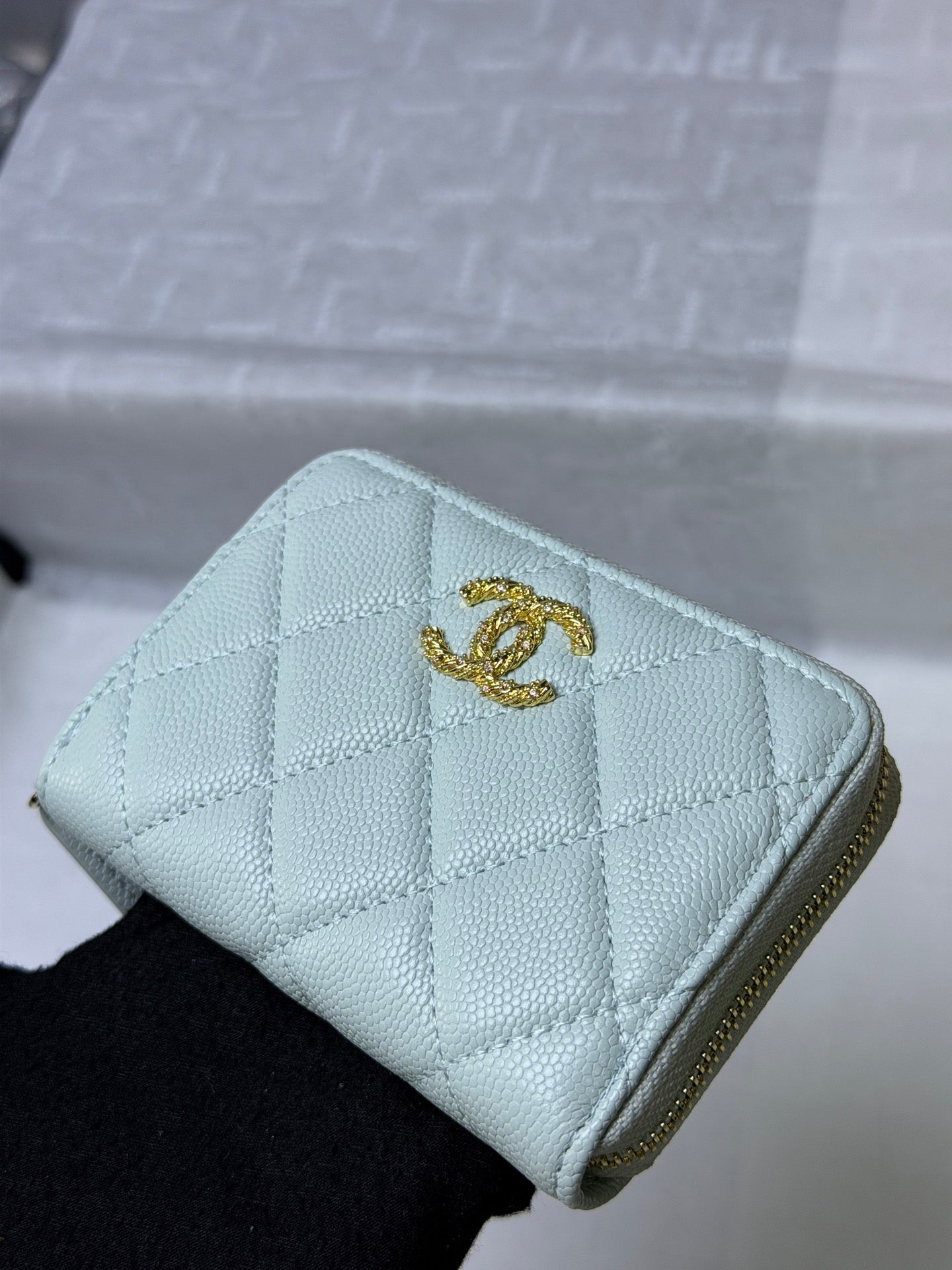 CC 26P Zipper Card Holder Light Blue Quited Caviar Leather