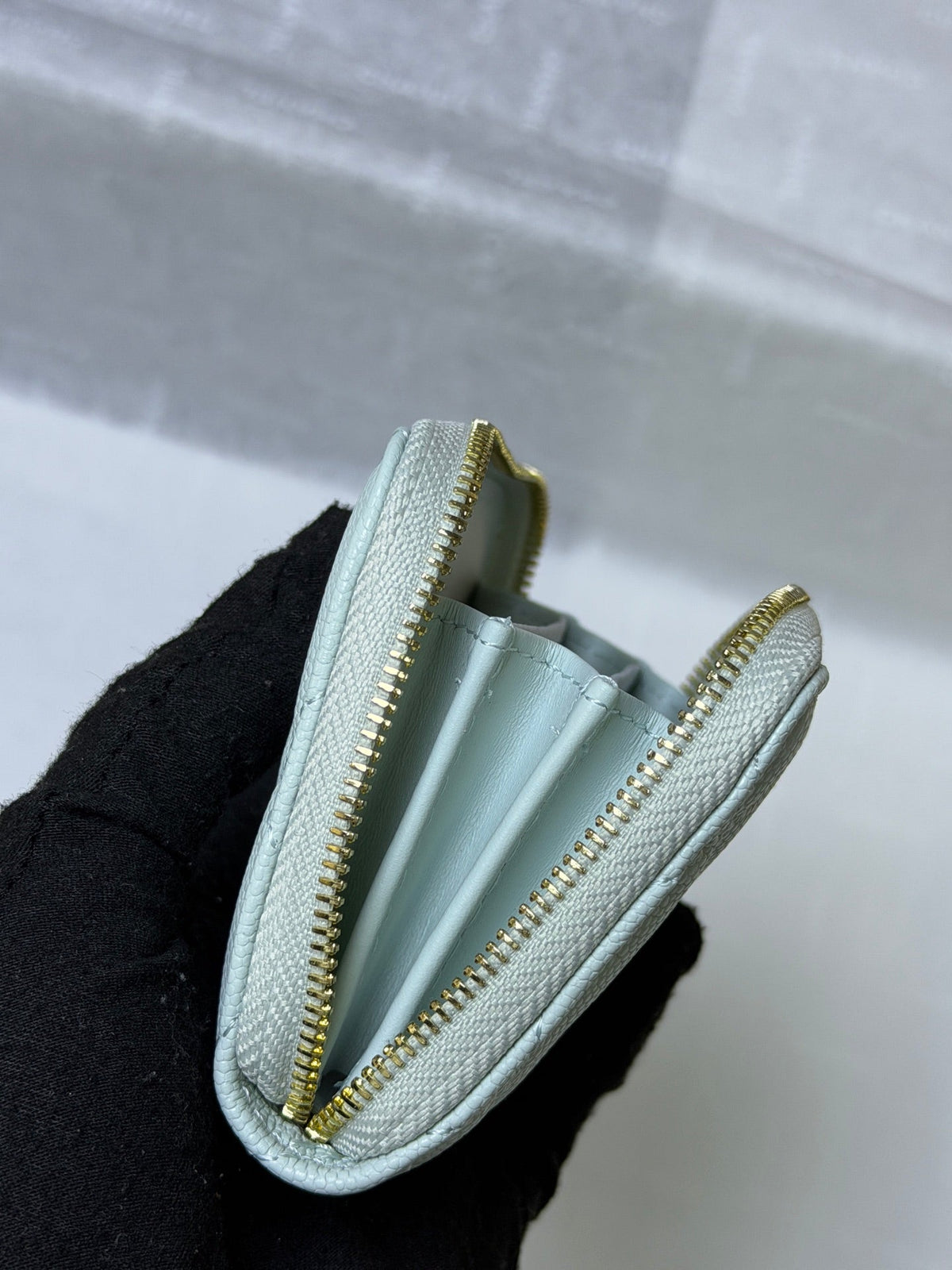 CC 26P Zipper Card Holder Light Blue Quited Caviar Leather
