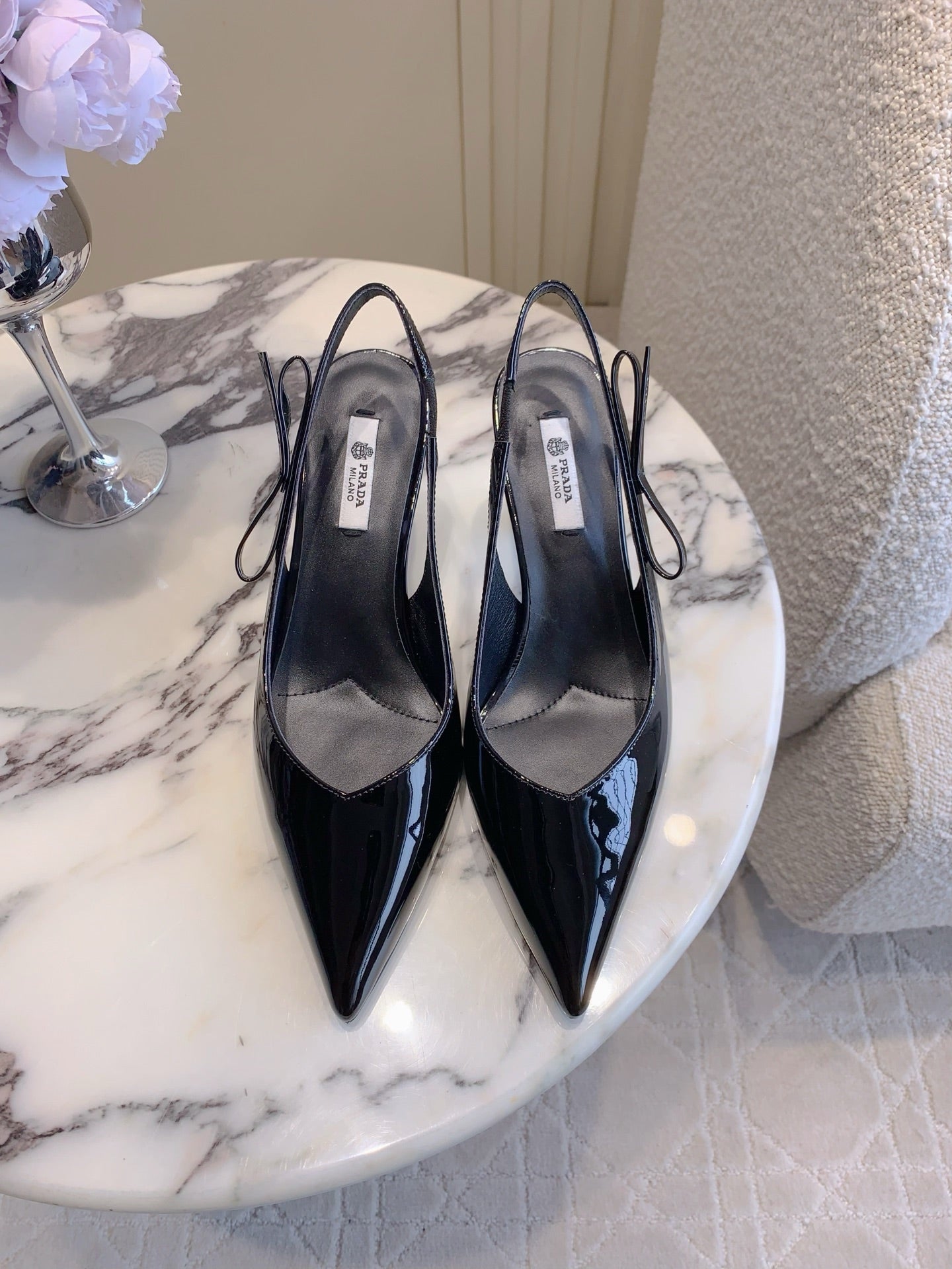 Prada 26s Open-Back High Heels Black Patent Leather 615386