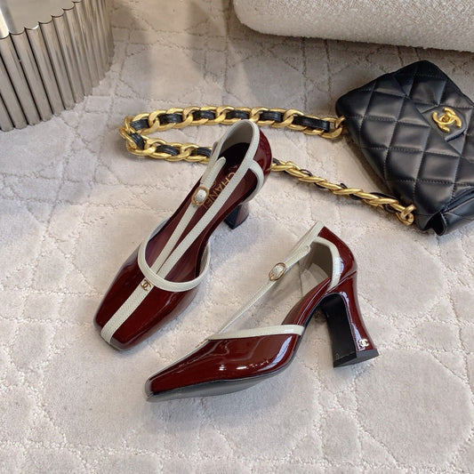 CC FW26 Square Cap Toe Slingback 8.5cm White Burgundy Patent Leather 723688