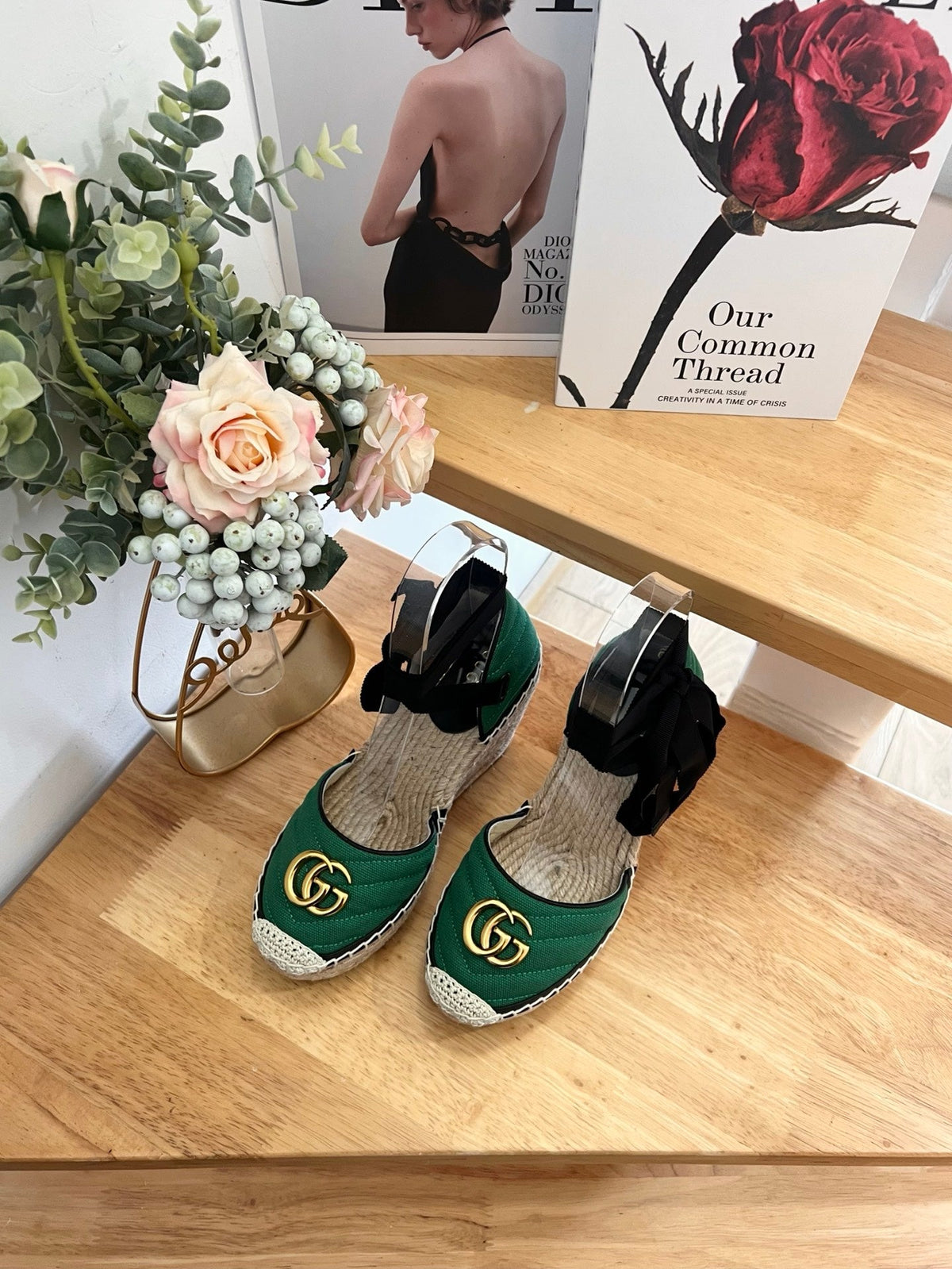 GG 26ss Platform Wedge Sandals 10cm Green Straw Canvas 692207
