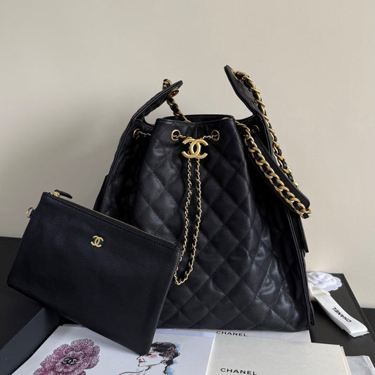 CC 25 Hobo Bag 30cm Black Grained Calfskin Leather GHW 282473