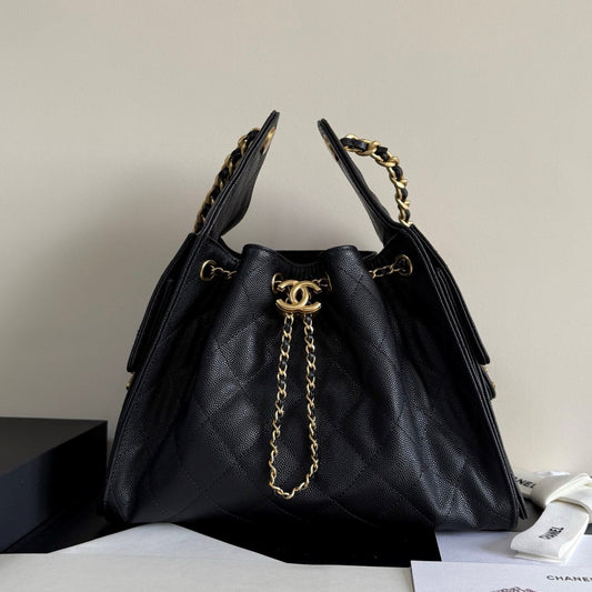 CC 25 Hobo Bag 26cm Black Grained Calfskin Leather GHW 282478