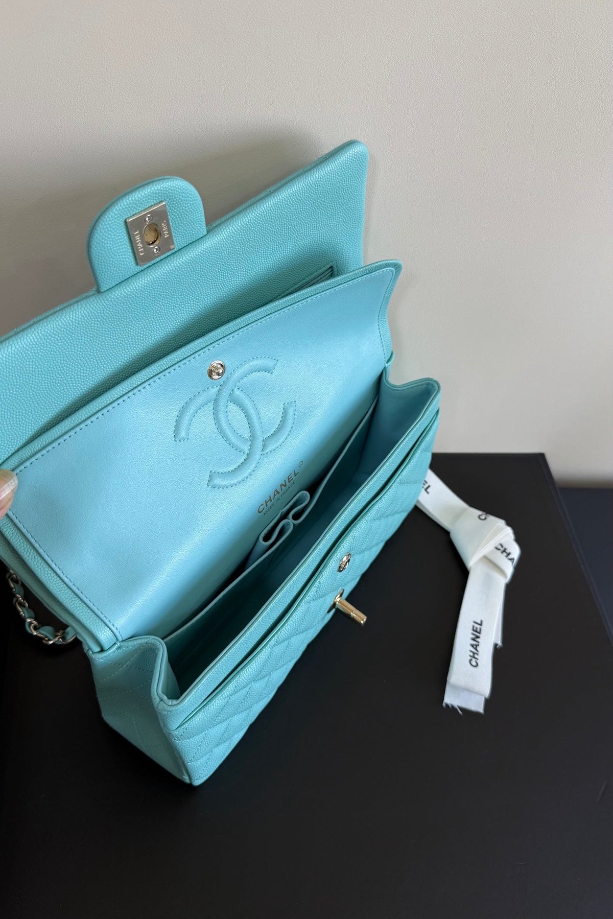 CC Classic Double Flap Bag 25cm Sky Blue Caviar Leather