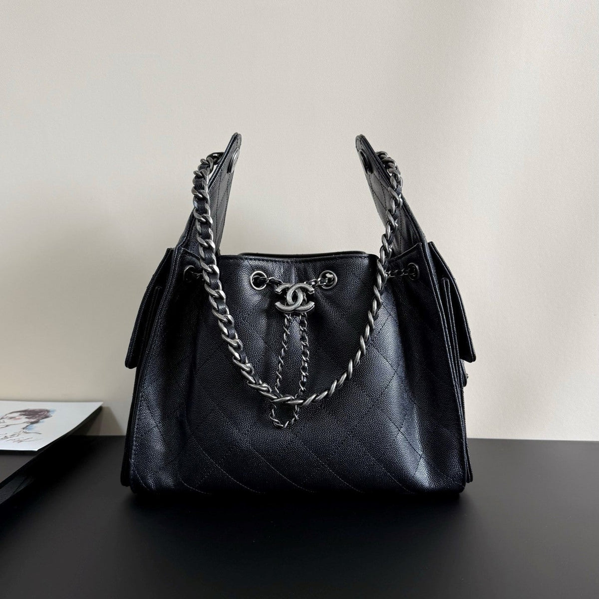 CC 25 Hobo Bag Black Grained Calfskin Leather SHW 282516