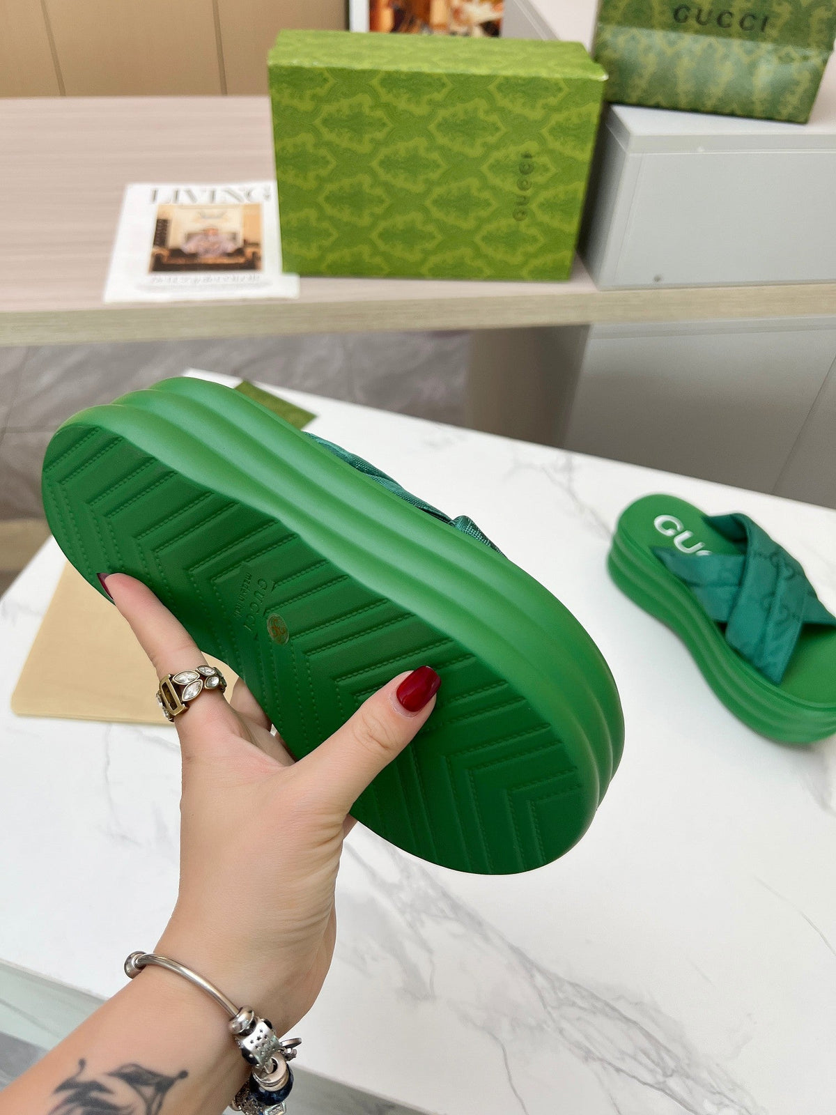 GG waterproof platform slippers green fabric