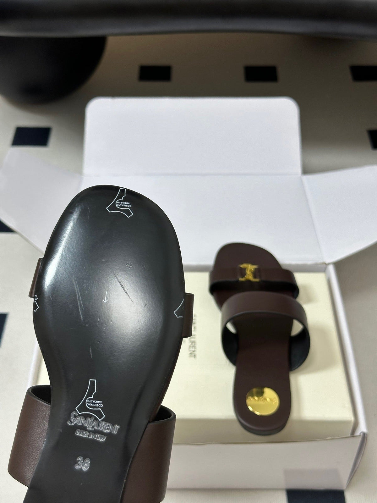 YSL Babylone Slides Brown Smooth Leather 787572