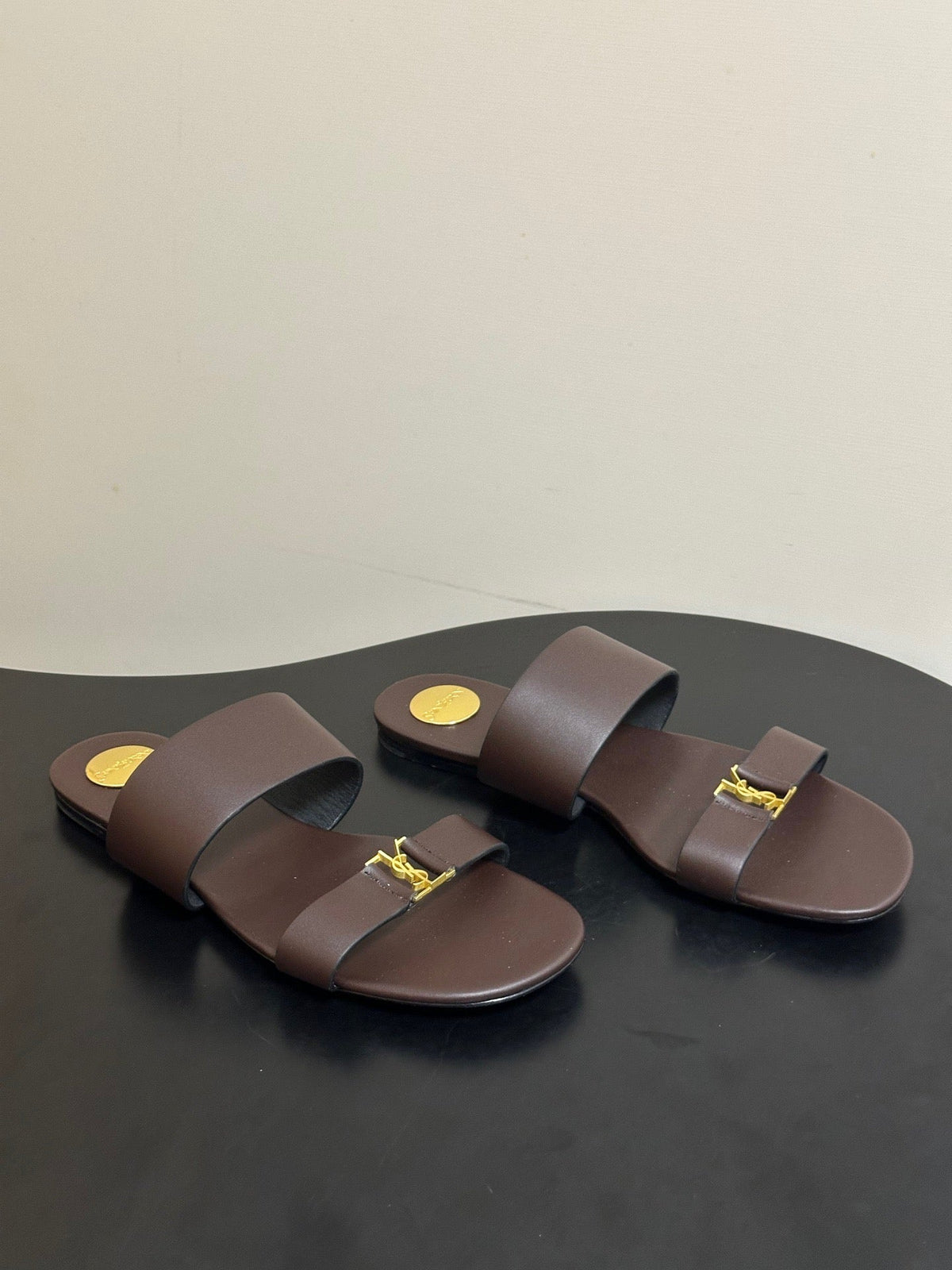 YSL Babylone Slides Brown Smooth Leather 787572