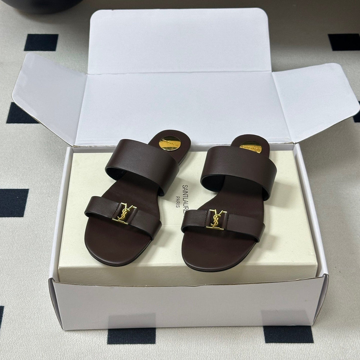 YSL Babylone Slides Brown Smooth Leather 787572