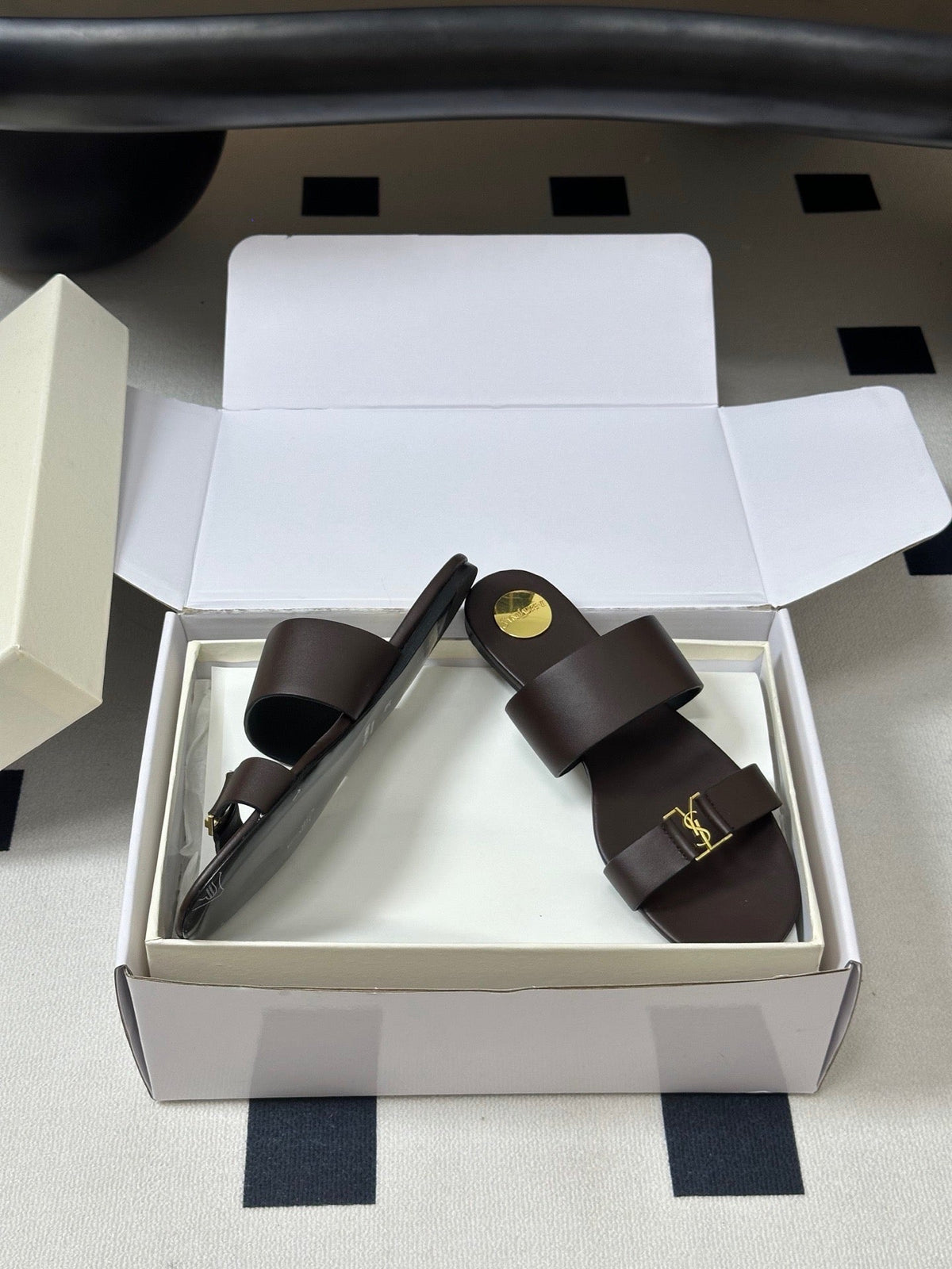 YSL Babylone Slides Brown Smooth Leather 787572