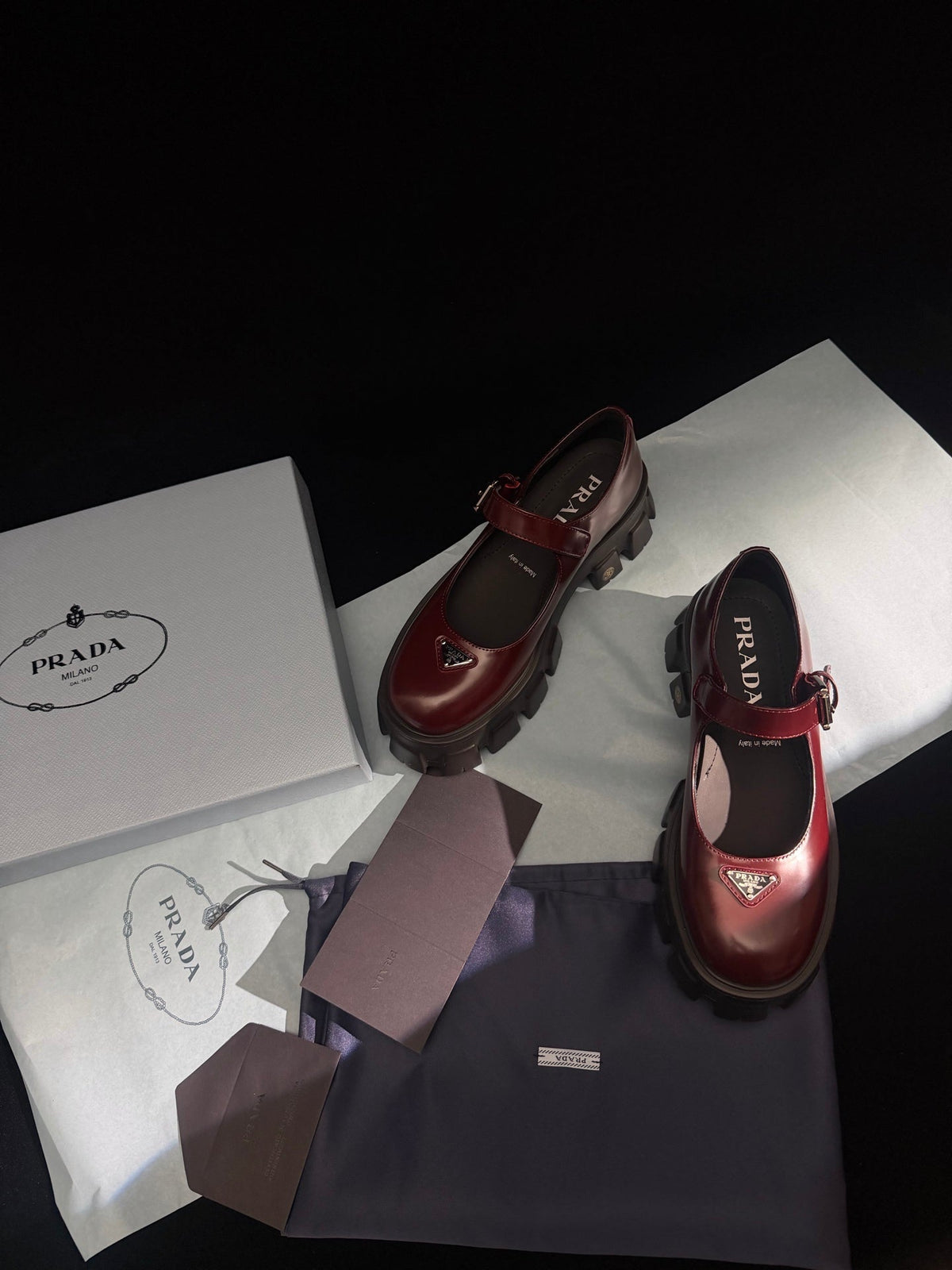 Prada Brushed Monolith Mary Janes Loafer Burgundy Leather 606061