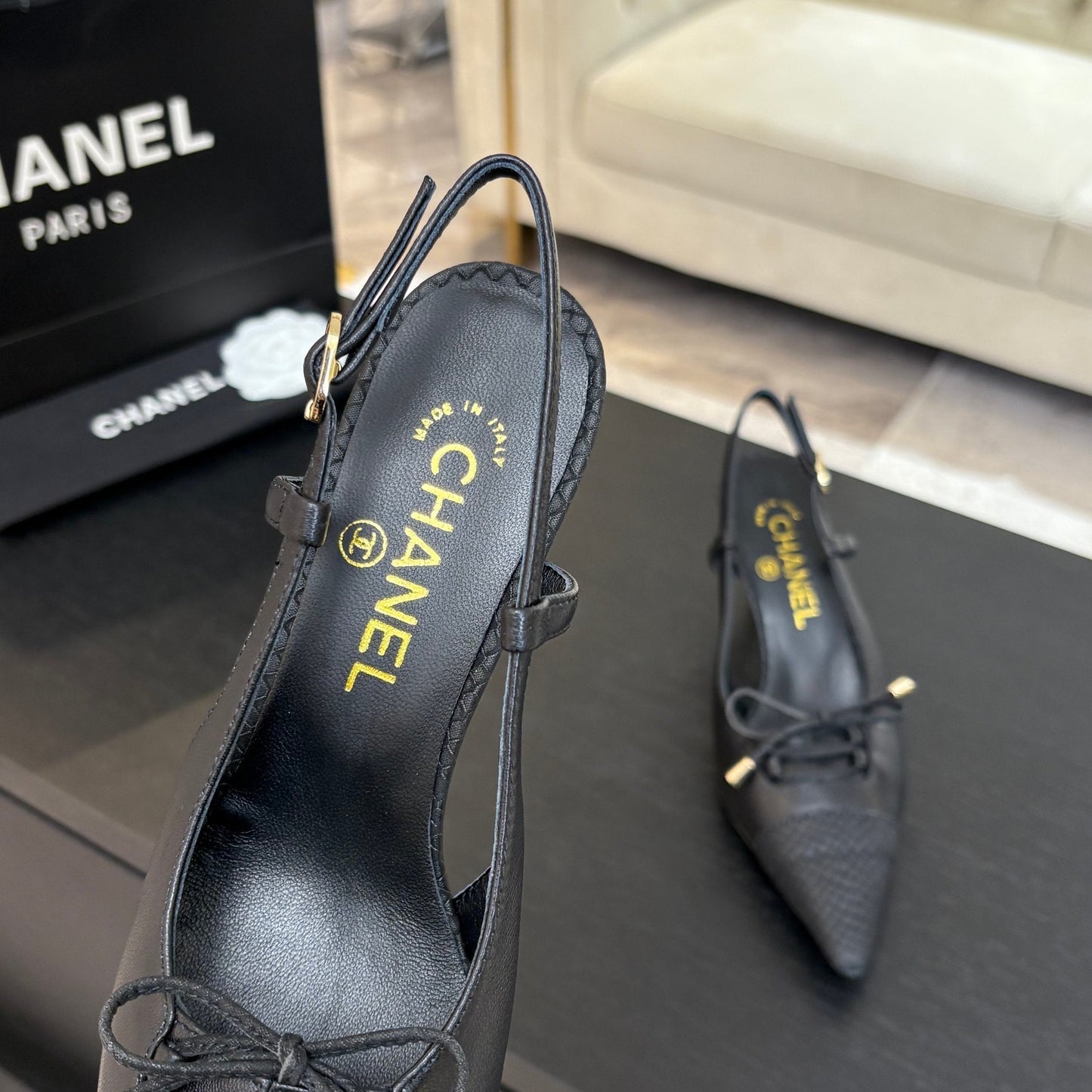 HIGH HEEL SLINGBACKS 65 MM IN BLACK WITH SNAKESKIN PATTERN LAMBSKIN