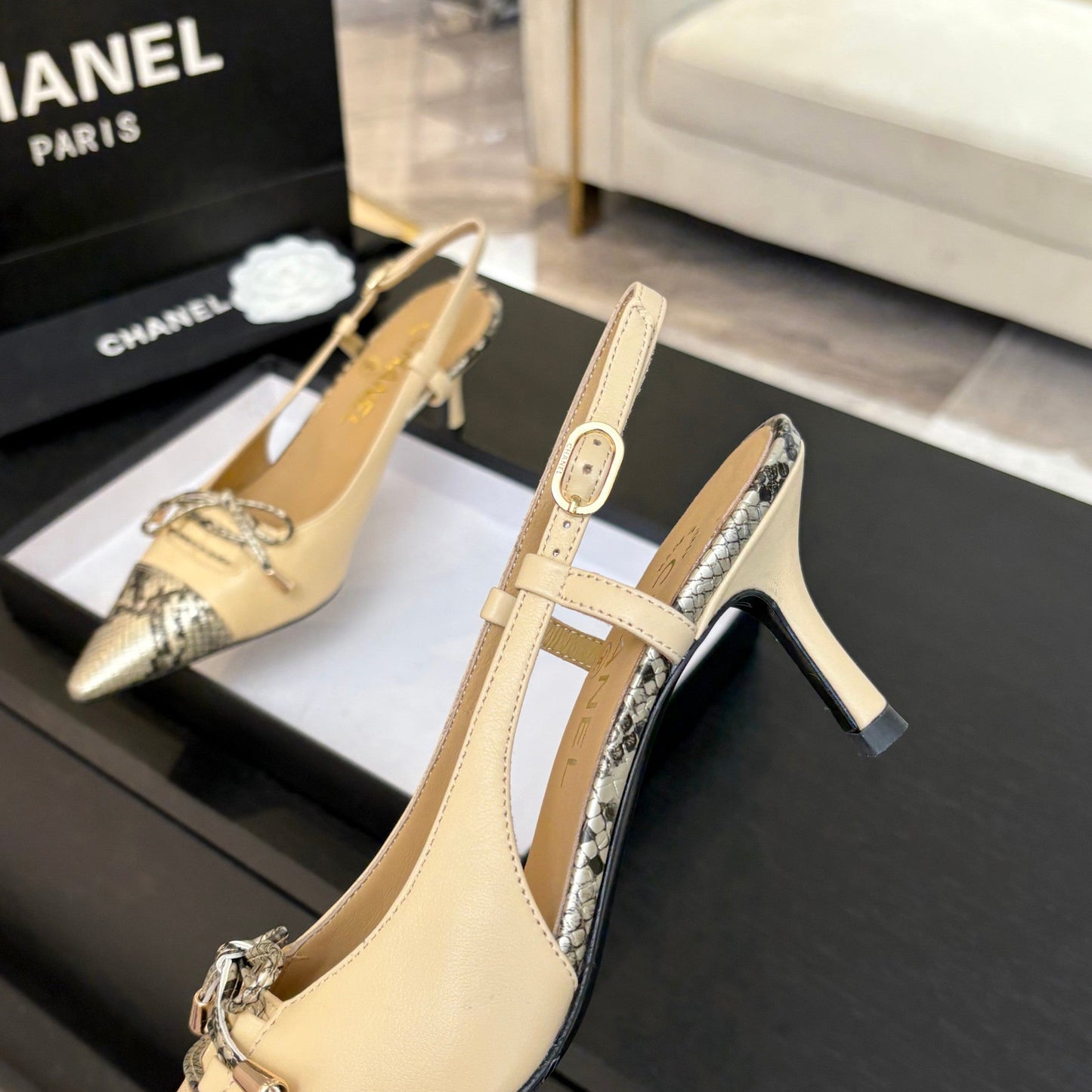 HIGH HEEL SLINGBACKS 65 MM IN FLAX YELLOW WITH SNAKESKIN PATTERN LAMBSKIN