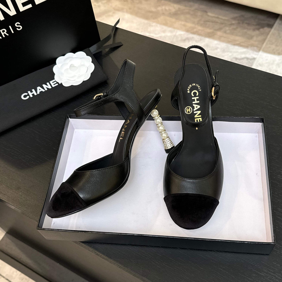 CC 25S Slingback 85mm Black Calfskin Purple Suede