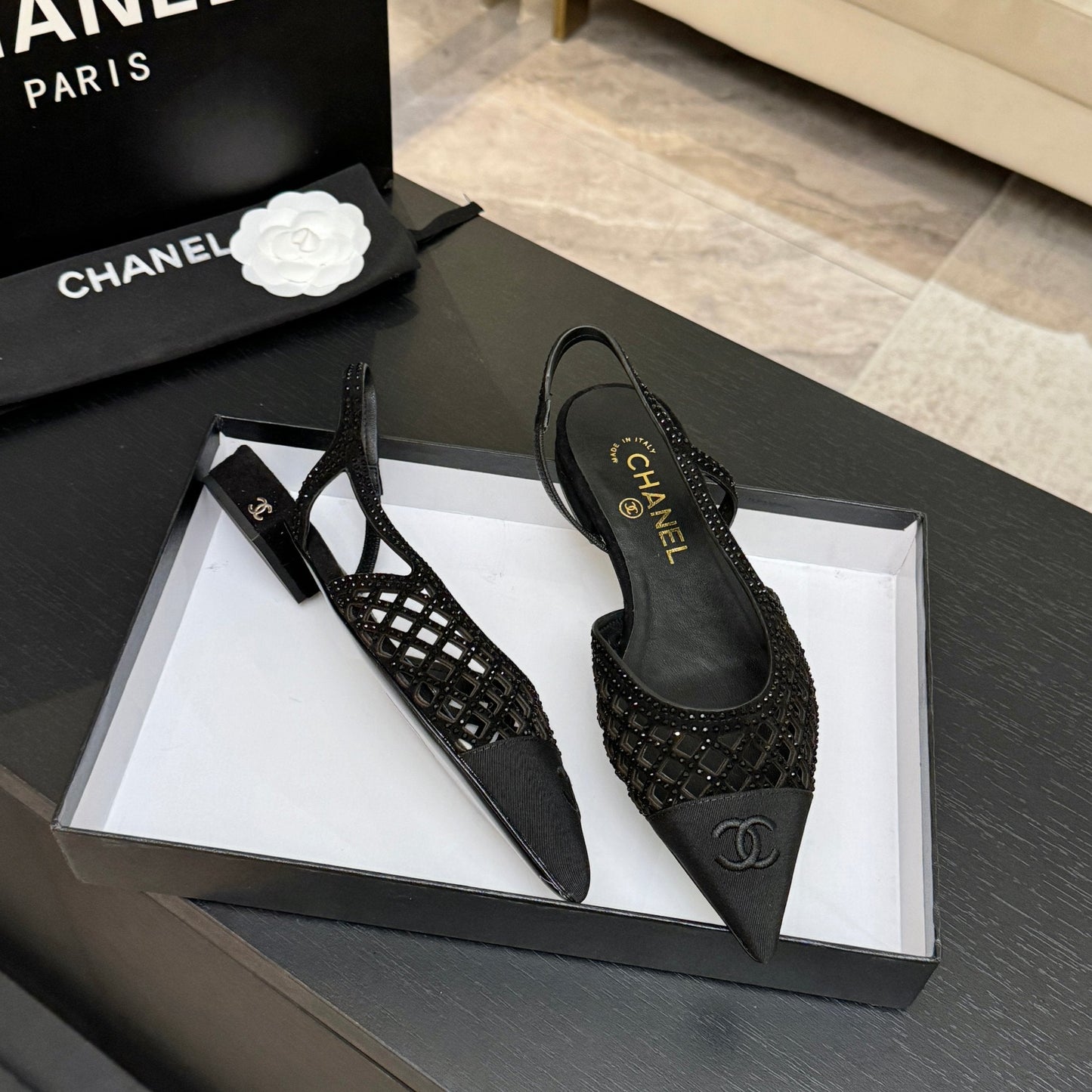 CC 26s Rhinestone Slingback Flat Shoe Black Suede Canvas 907696