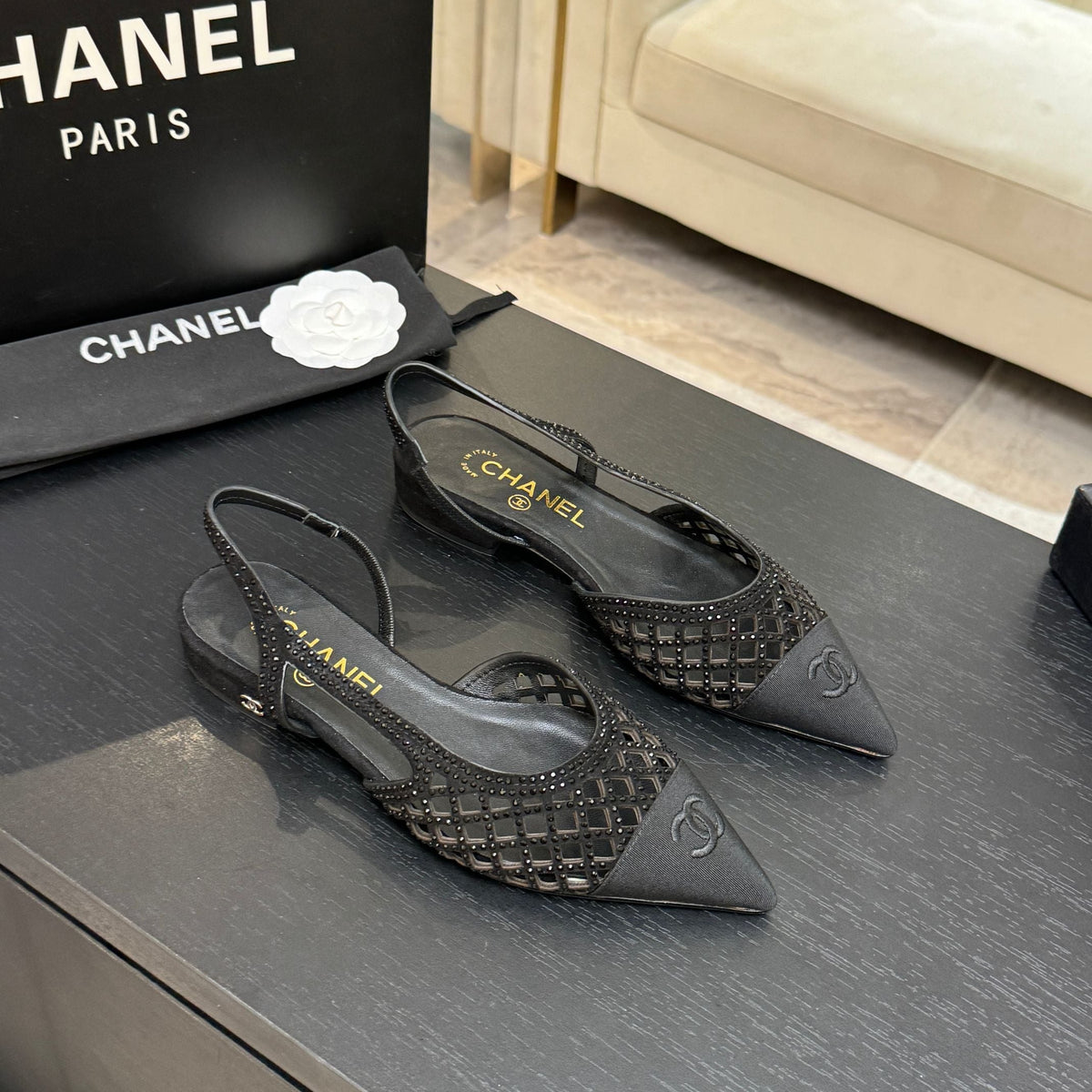 CC 26s Rhinestone Slingback Flat Shoe Black Suede Canvas 907696