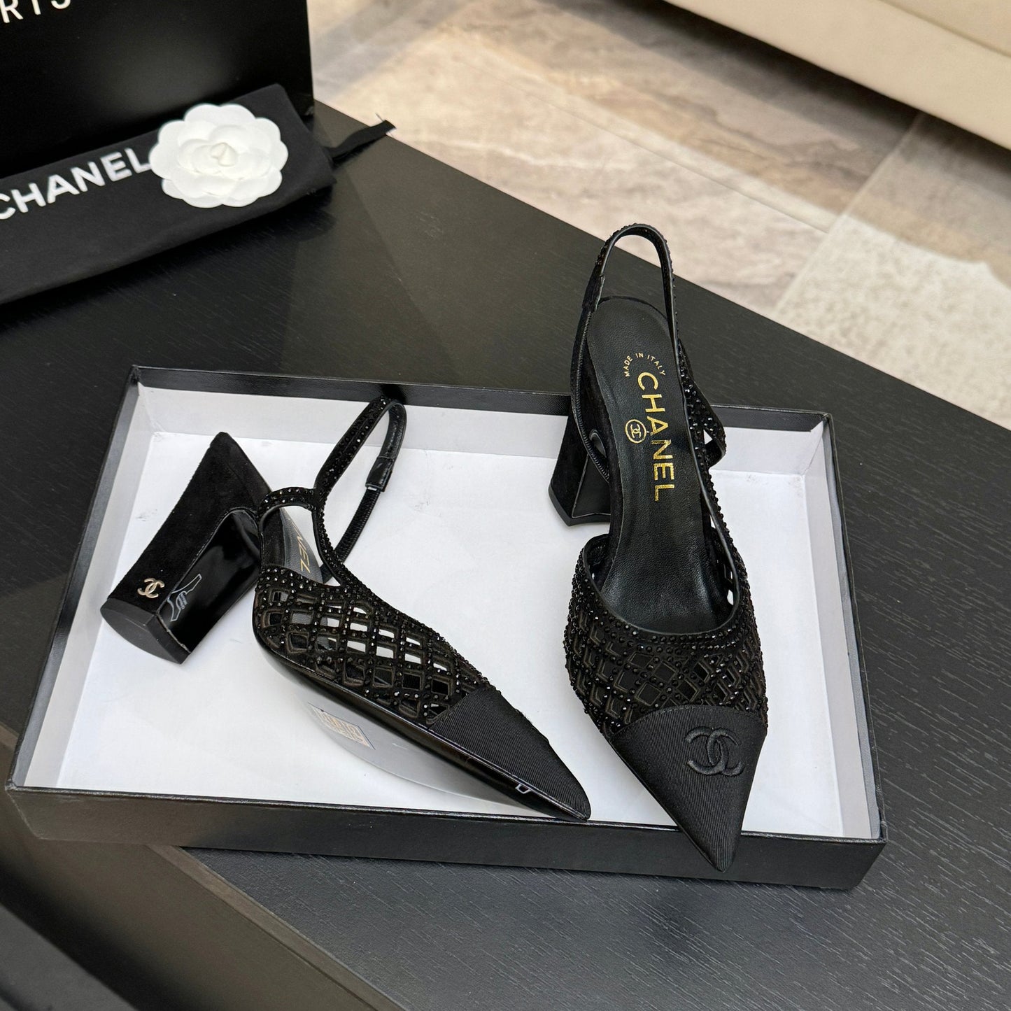 CC 26s Rhinestone Pointed-Toe Shoe Black Suede Canvas 907703