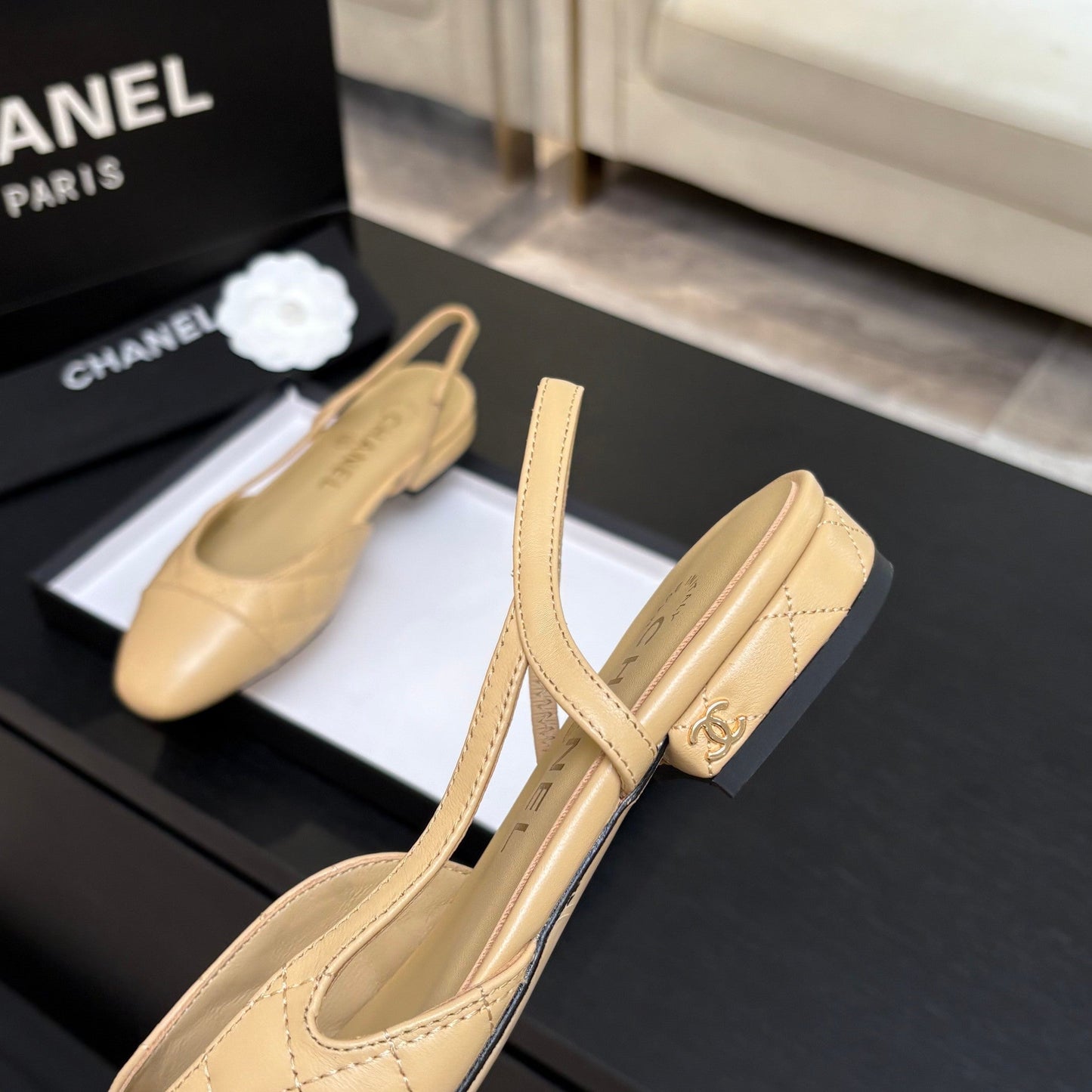 CC 26s Block Heel Slingback 1.5cm Beige Quilted Lambskin 957984