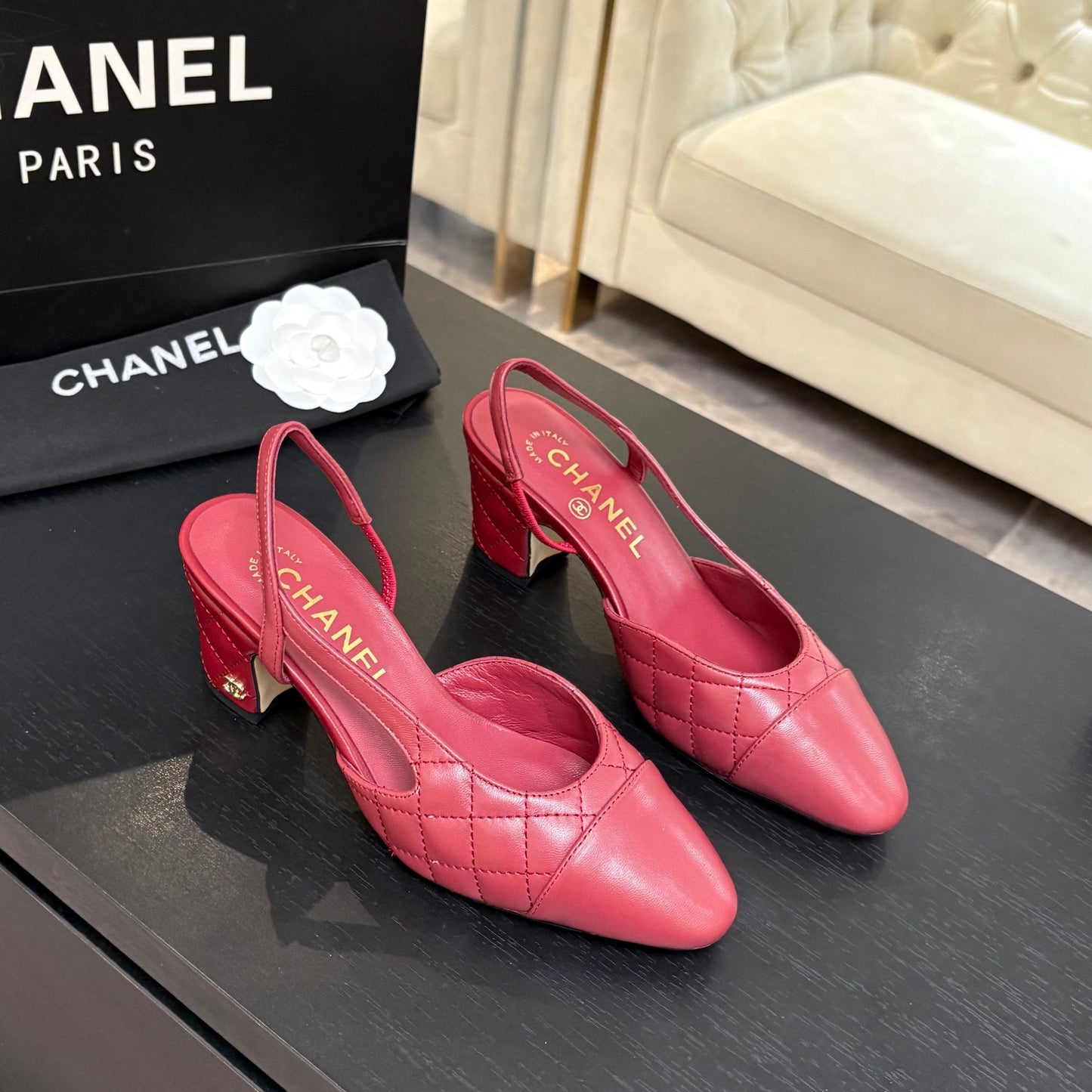 CC 26s Block Heel Slingback 6cm Burgundy Quilted Lambskin 957993