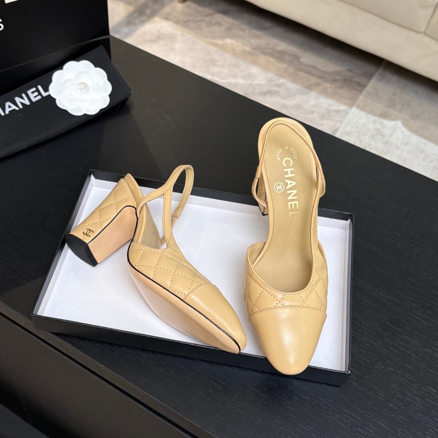 CC 26s Block Heel Slingback 9cm Beige Quilted Lambskin 957997