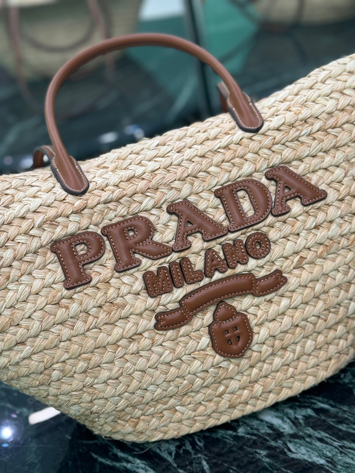LARGE TOTE BAG 56 IN BEIGE RAFFIA GRASS AND BROWN CALFSKIN TRIM