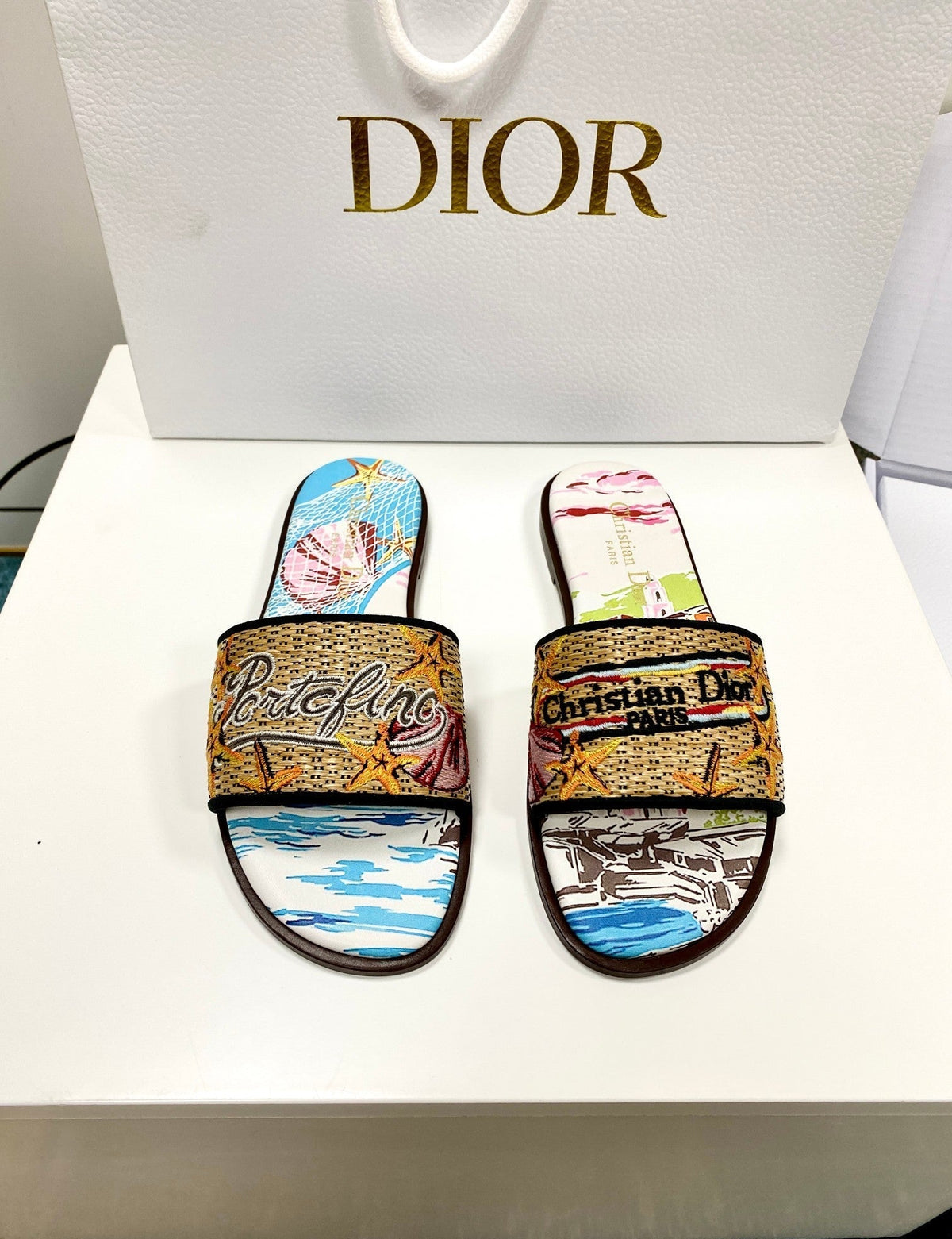 CD 26s Embroidered Sandals Blue Beige Multicolor Canvas Leather 683007