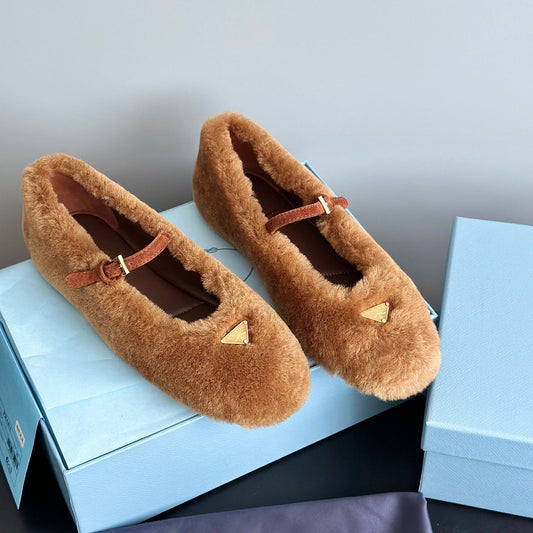 Prada 25s Mary Jane Ballet Flats Caramel Brown Wool 538455