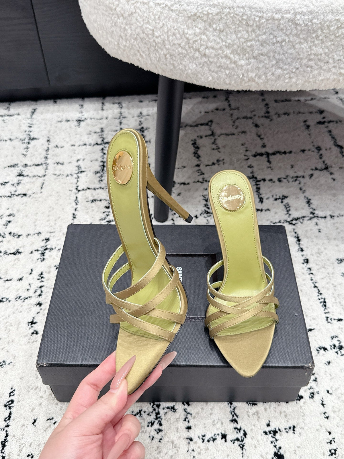 YSL Kate Mule 10.5cm Olive Satin 847147