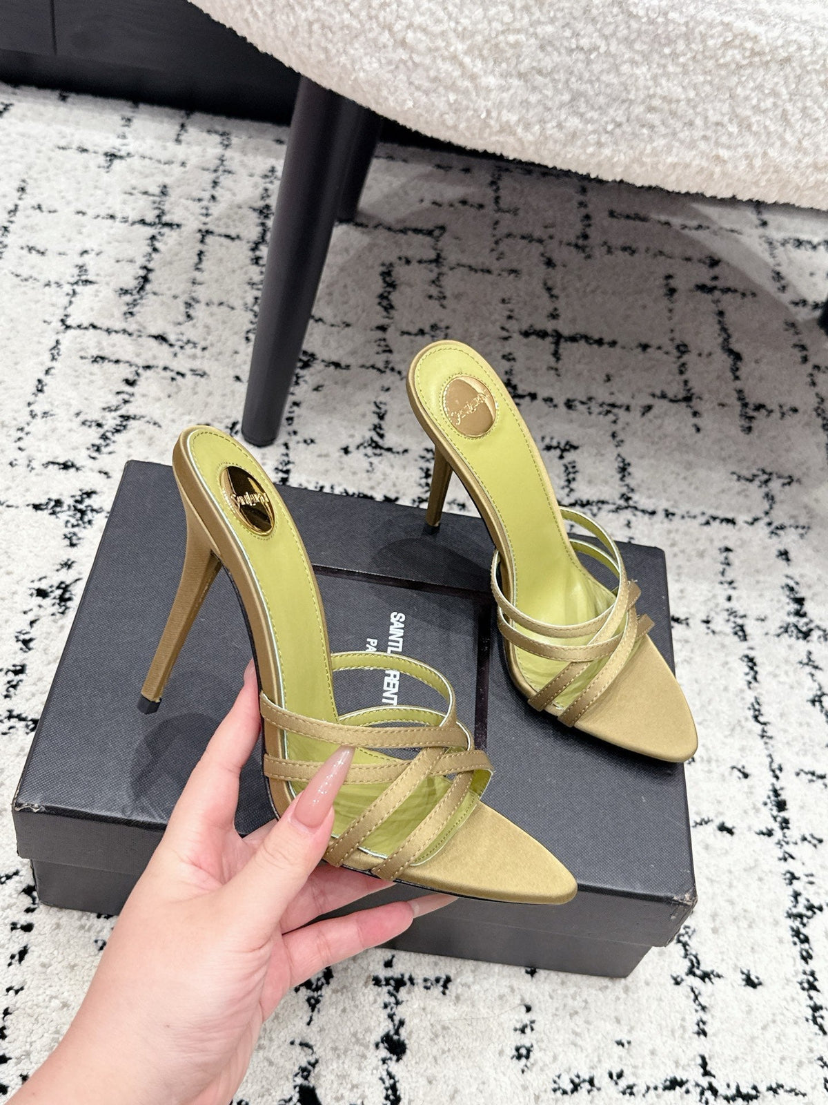 YSL Kate Mule 10.5cm Olive Satin 847147