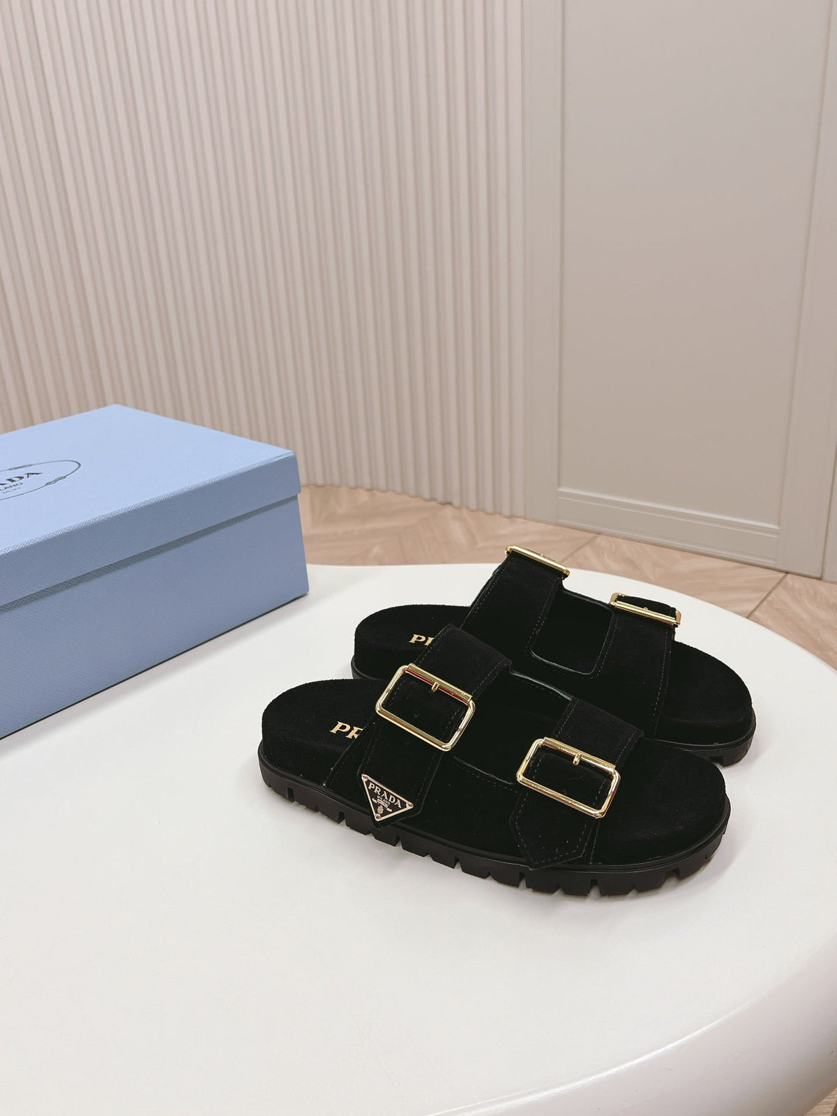 Double Buckle Strap Slides 20 Black Suede