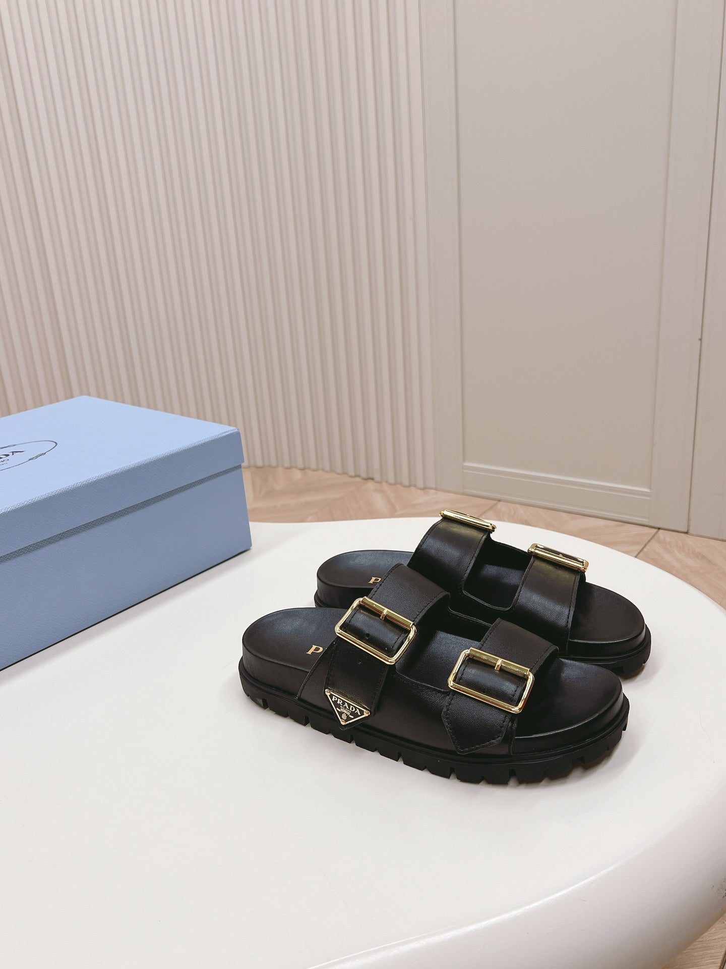 Double Buckle Strap Slides 20 Black Calfskin
