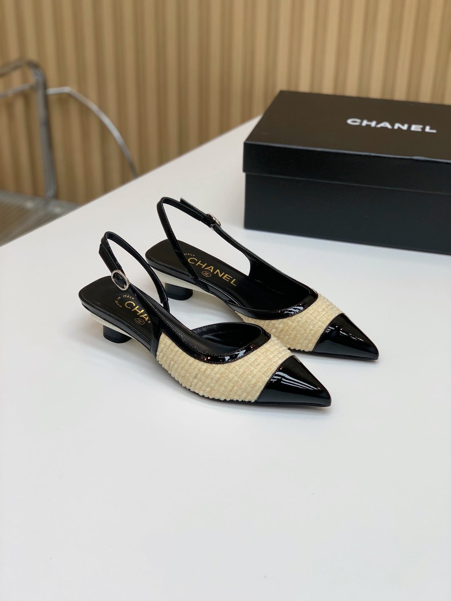 CC 26s Slingback 3.5cm Black Beige Wool Patent Calfskin 792592