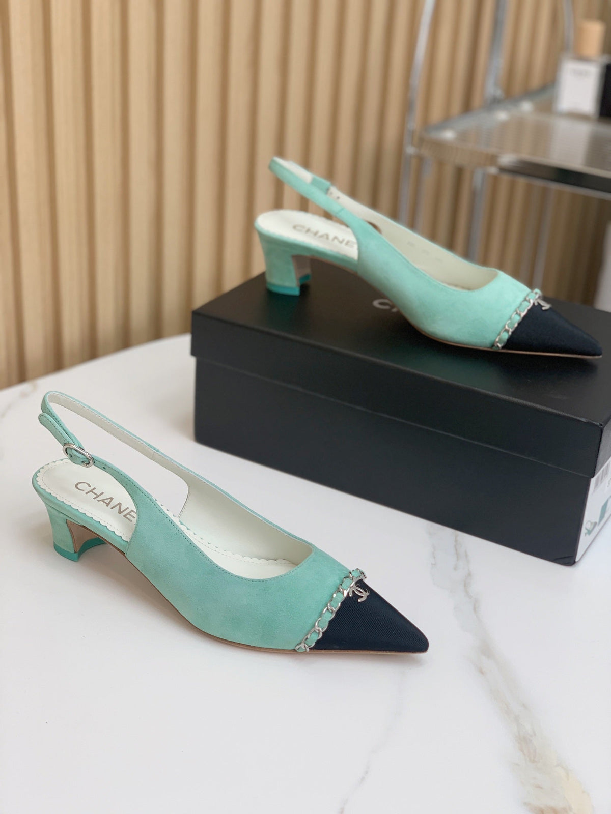 CC 26s Slingback 4.5cm Chain Teal Blue Suede 792603