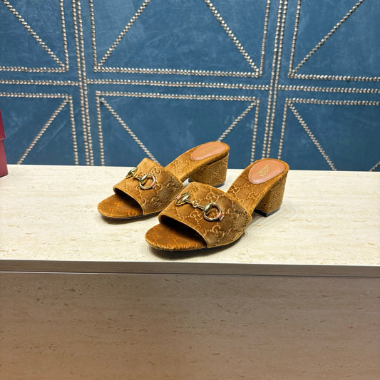 GG 26ss Chunky Heel Sandals 55 Brown Velvet 741299