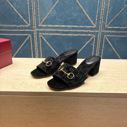 GG 26ss Chunky Heel Sandals 55 Black Velvet 741300