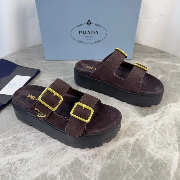 Prada 2026 Fussbett Flatform Slide Sandal Dark Brown Black Suede Leather 707697