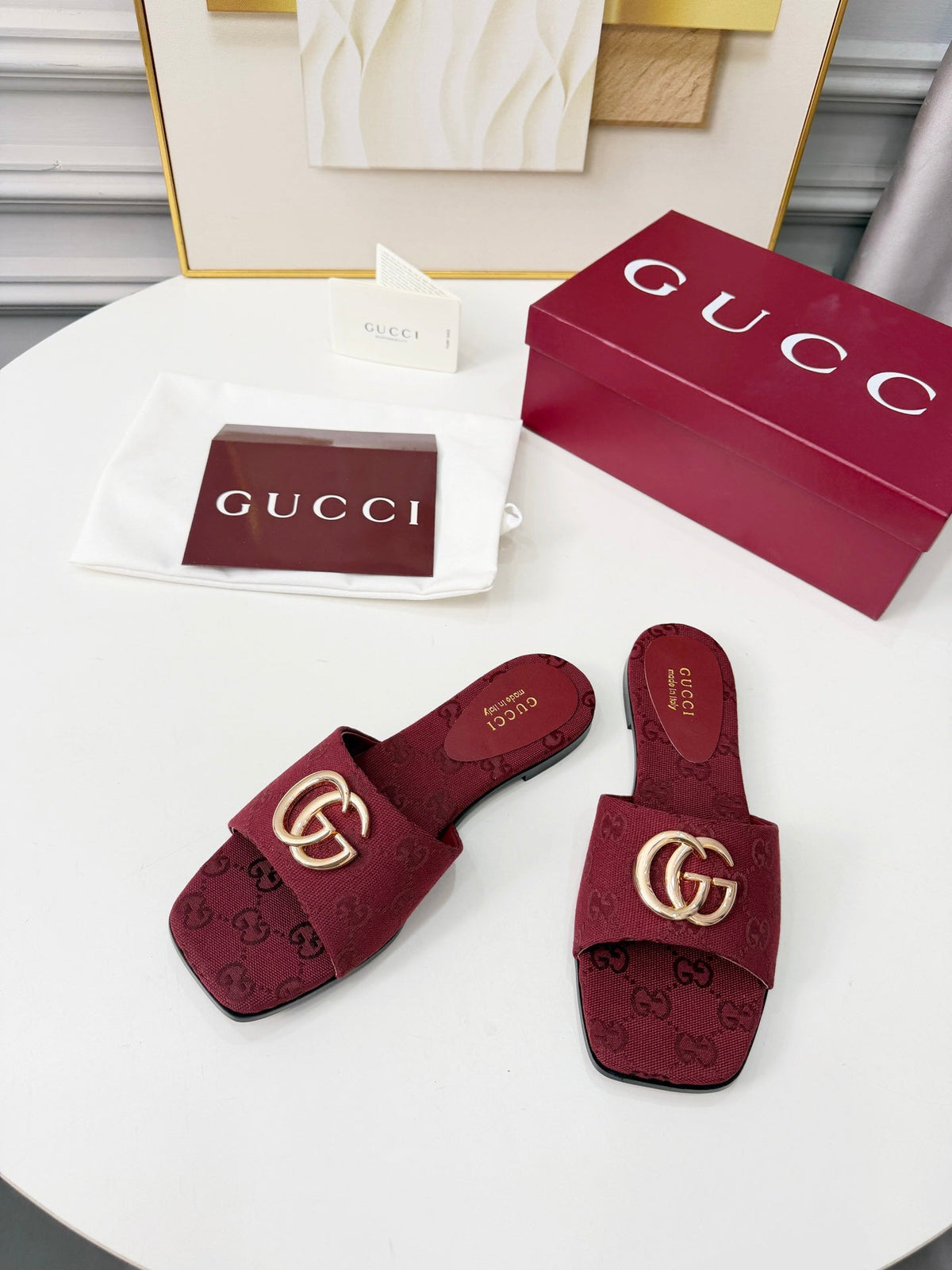 GG 2026 Early Spring Mule Burgundy Canvas Sheepskin 688516