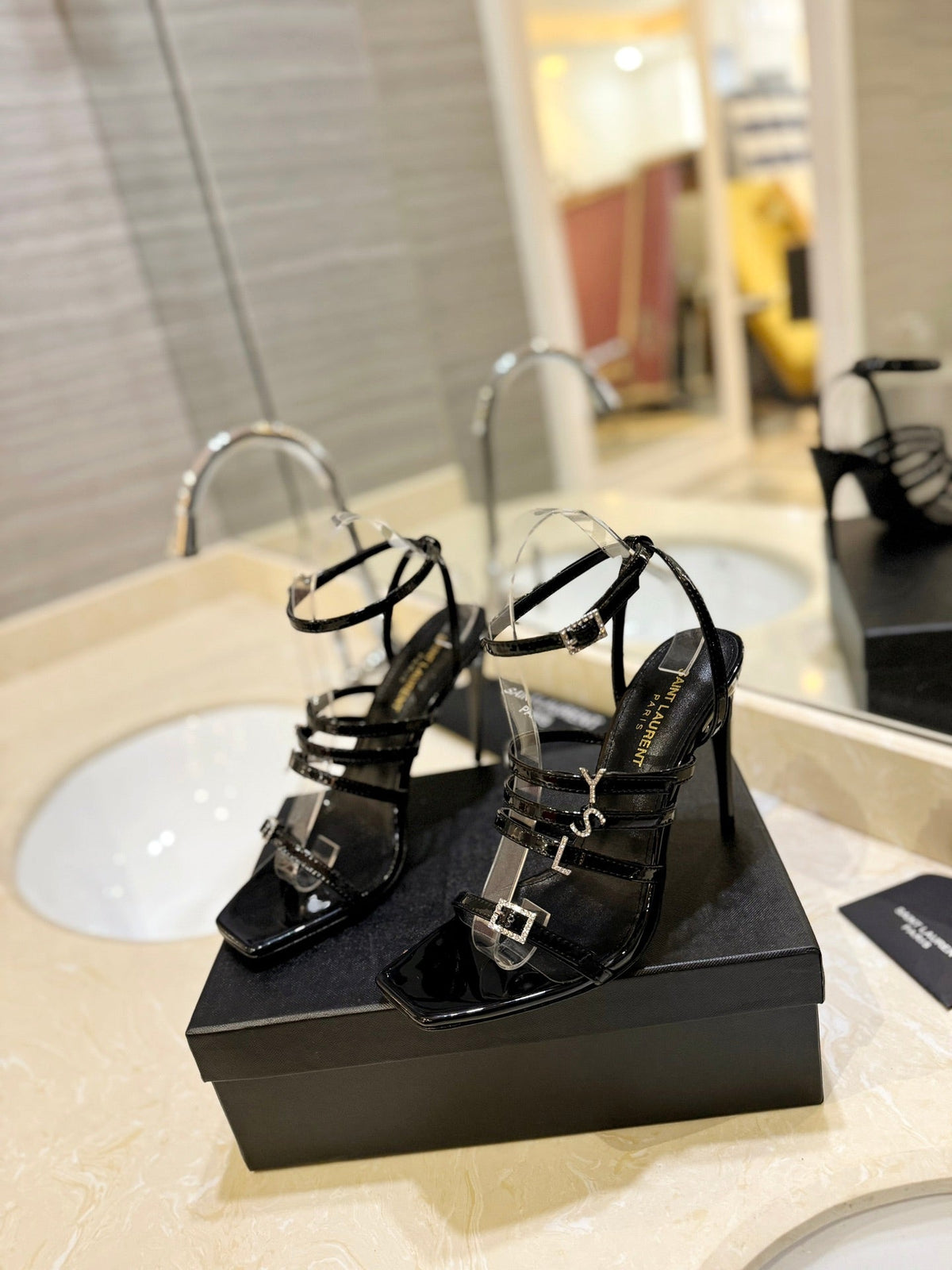 SL JERRY HEELED SANDALS BLACK POLISHED CALFSKIN