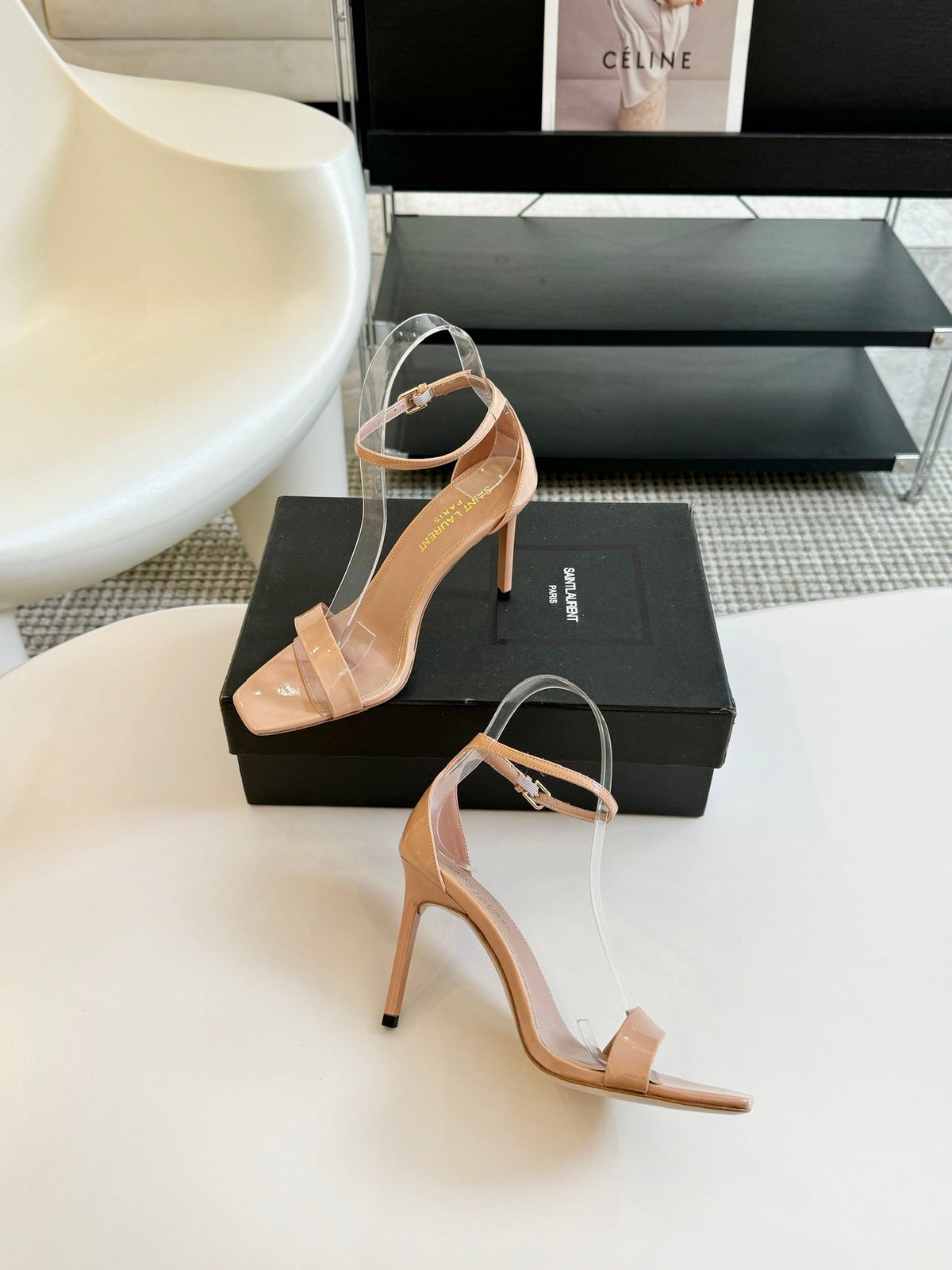 SL SQUARE-TOED HIGH HEELS BISQUE CALFSKIN