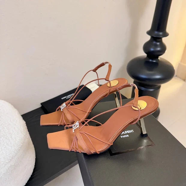 YSL 26ss Square Toe Sandals 70 Tan Brown Silk Sheepskin 651705