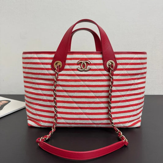 Chanel 26 Woven Beach Bag 46 White Red Canvas Leather