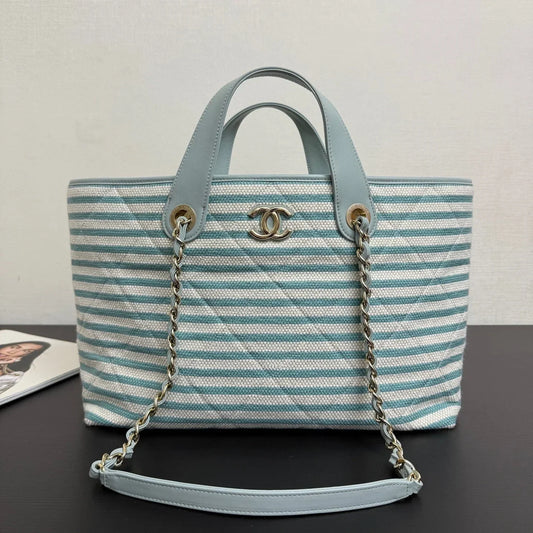 Chanel 26 Woven Beach Bag 46 White Light Blue Canvas Leather