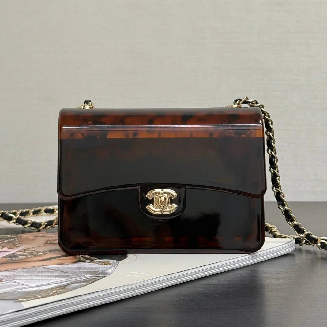 Chanel 2026 Mini Evening Bag 12cm Black Tortoiseshell-patterned Plexi Gold Metal