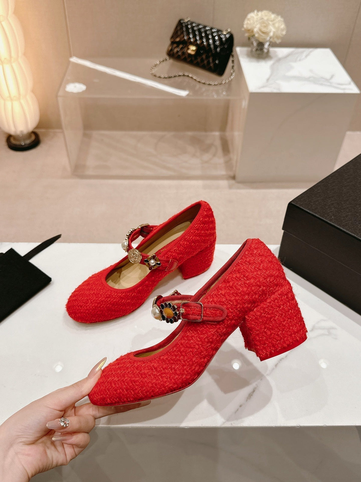 MARY JANE SHOES RED PINK WOOL TWEED