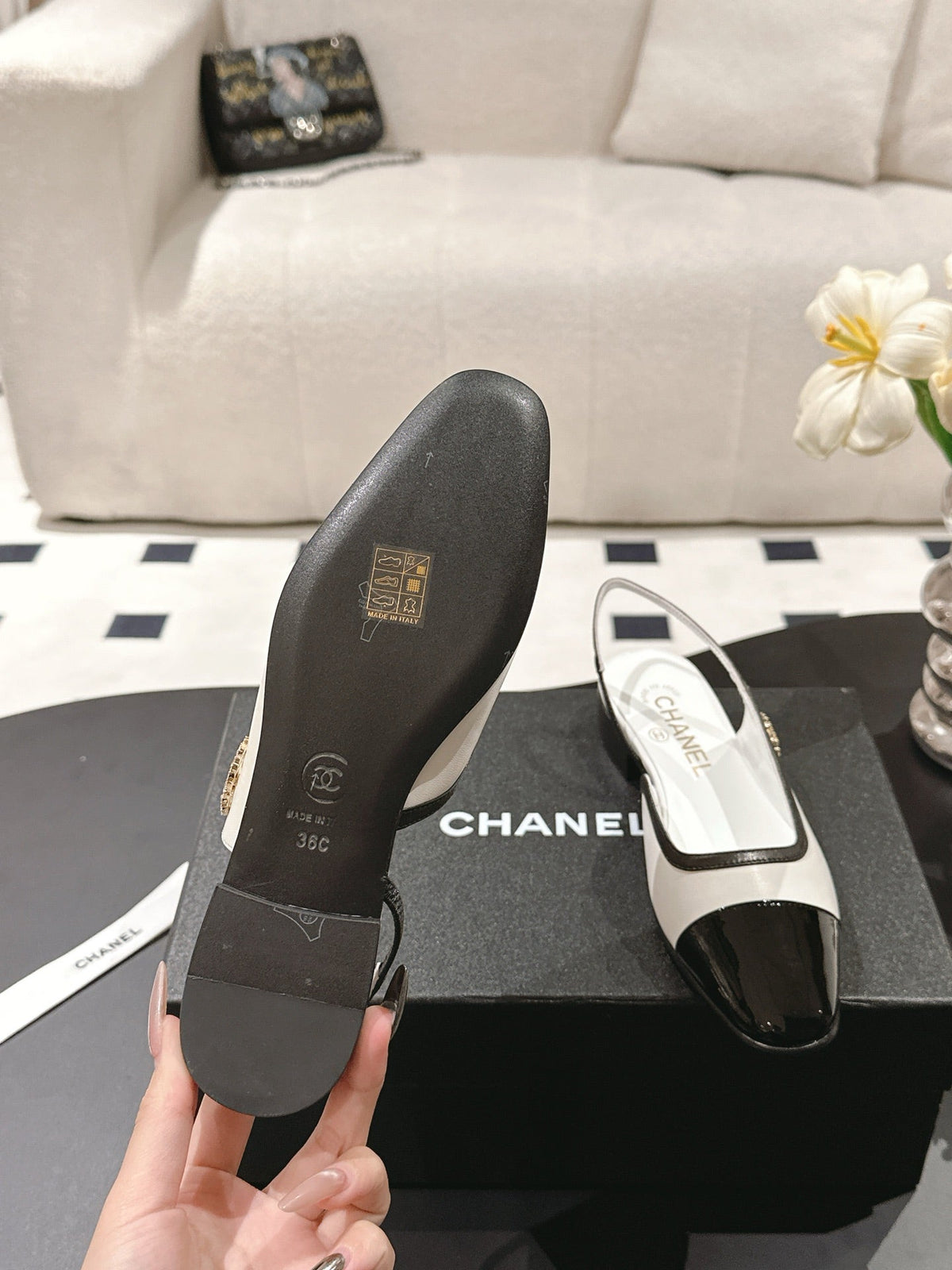 cc 2024k slingback 30mm white black pattern calfskin 237498