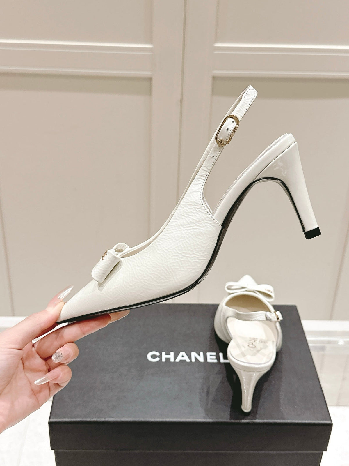 Chanel 25A Slingback White Patent Calfskin 393072