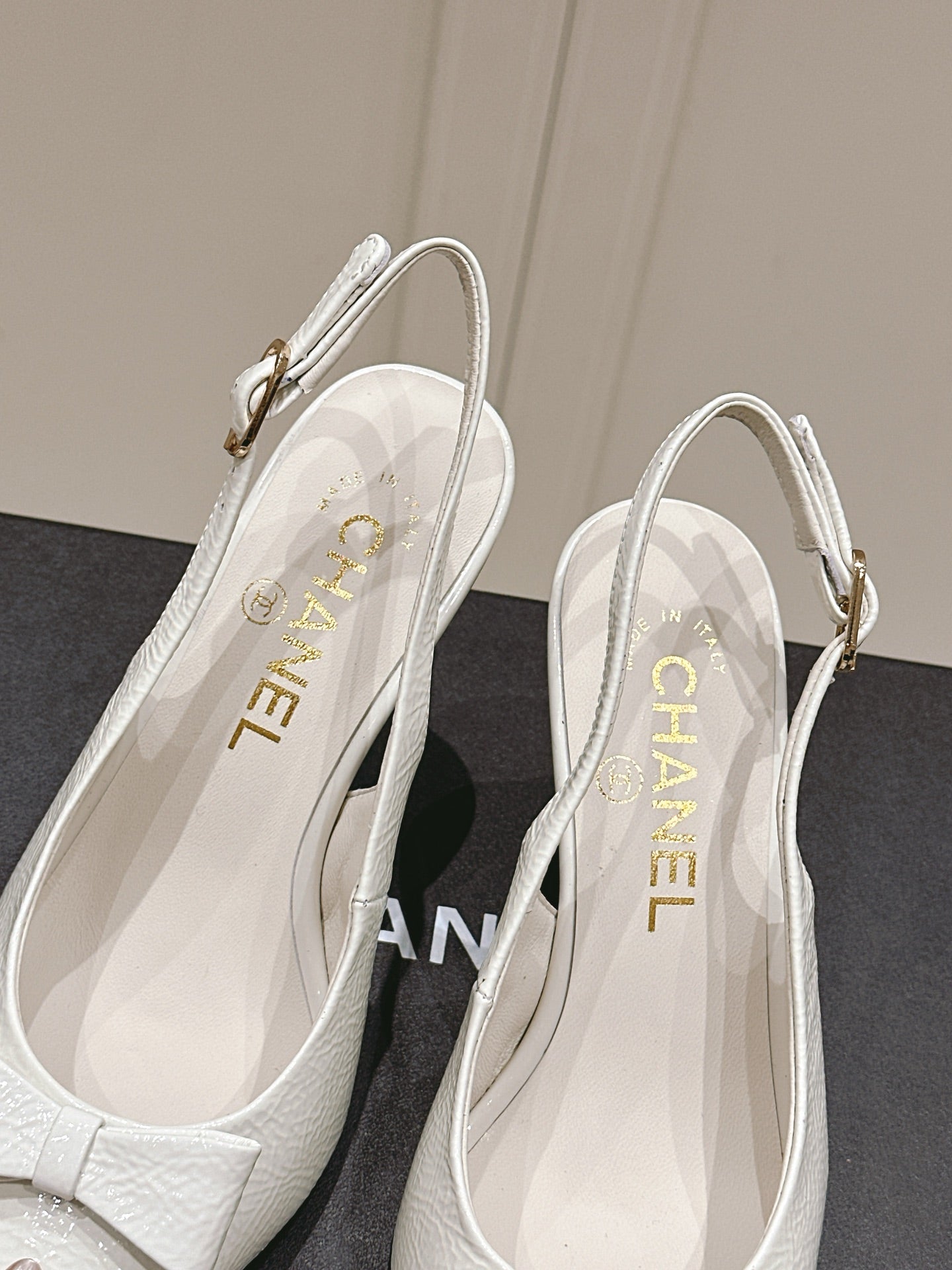 Chanel 25A Slingback White Patent Calfskin 393072